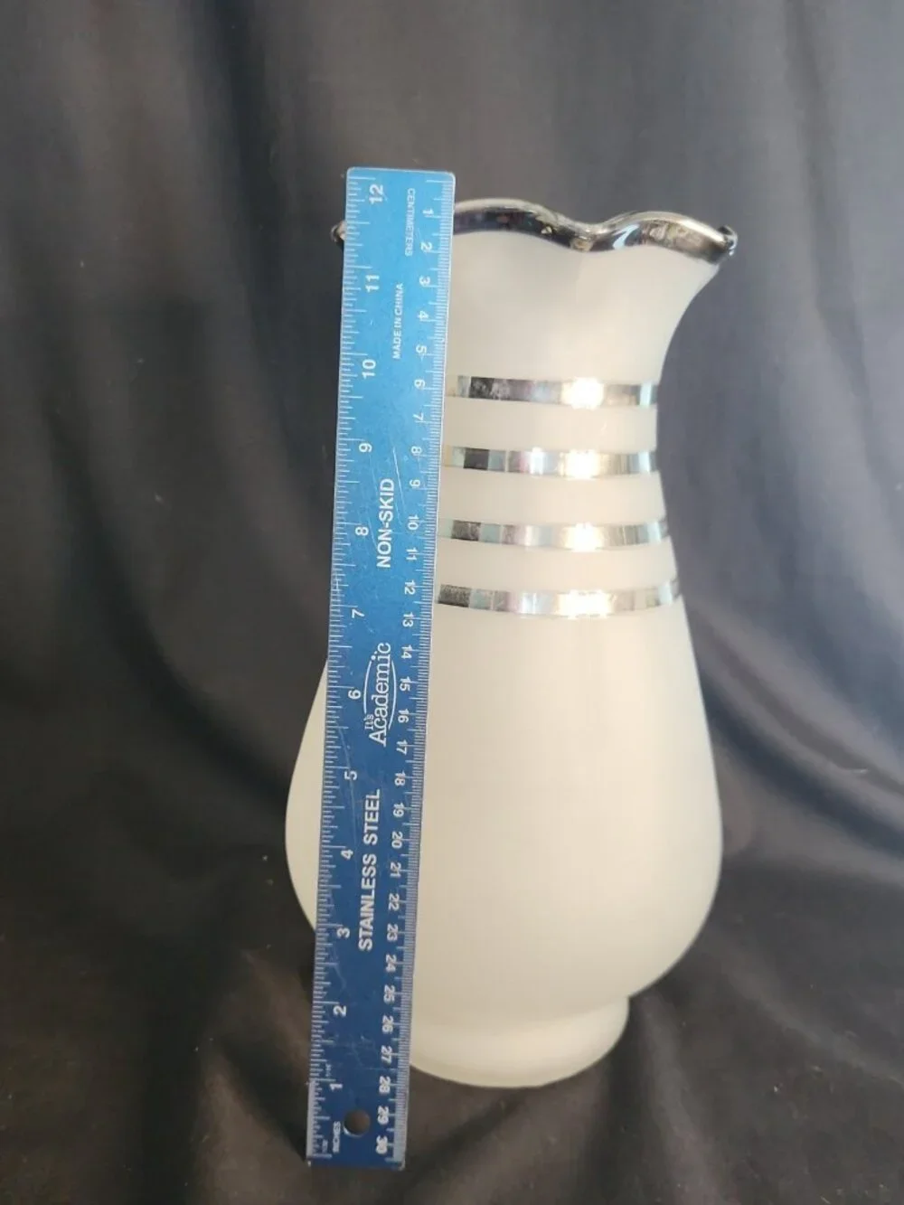 Vintage Art Deco White Frosted Glass Vase Silver Stripes/Bands & Ruffled Rim